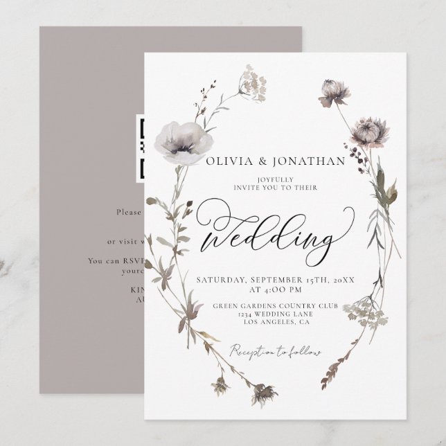 Getrocknete Wildblumen Haushalt QR Code Hochzeit i Einladung (Vorne/Hinten)