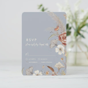 Getrocknete Wildblumen Hochzeit BOHO Staubblau RSVP Karte