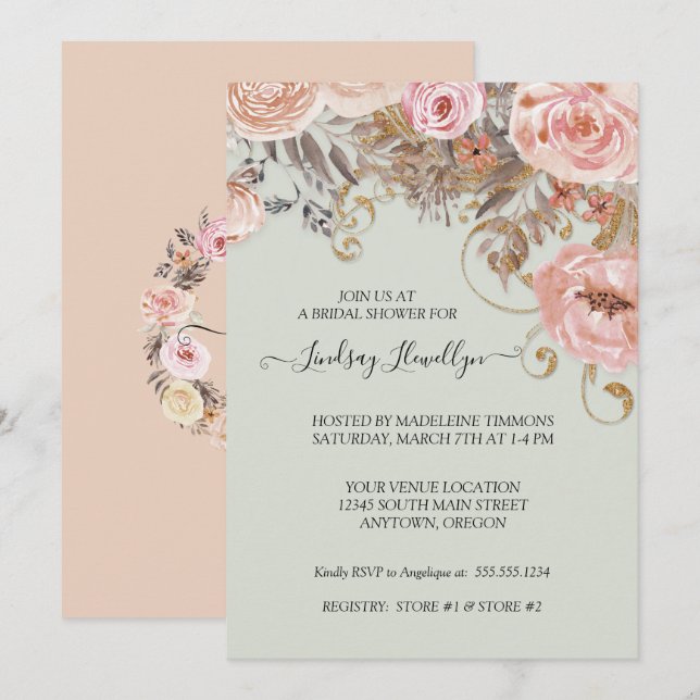 Getrocknetes Boho Peach Rose Gold Brautparty Einladung (Vorne/Hinten)
