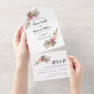 Getrocknetes Pampasgras, Palmwedel, Rosen Hochzeit All In One Einladung