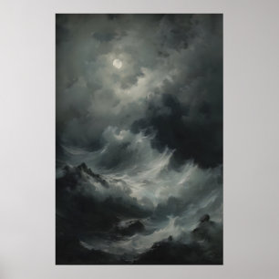 Gewaltige Ozeanwellen Vollmond Gothic Seelandschaf Poster