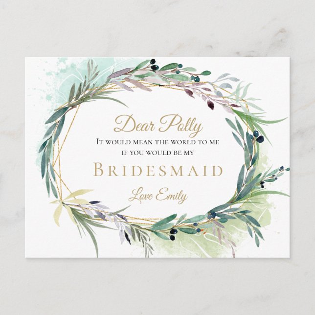 Gewässer Olive Leaf Grüne Bridesmaid Anfrage Postkarte (Vorderseite)
