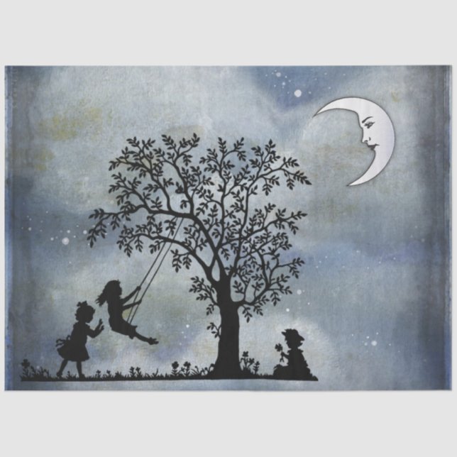 Gewebe mit Mond und Kindern spielen Seidenpapier (Vorderseite)