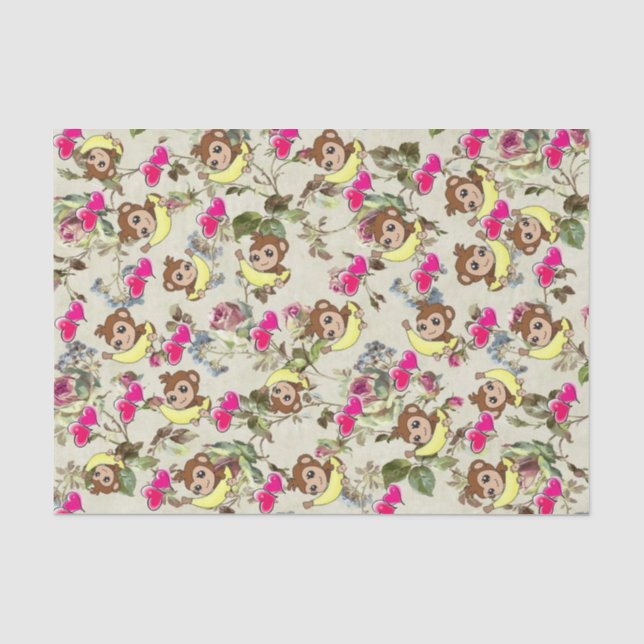 Gewebe Papier Affen Bananen Rosa Herzen Blüten (Vorderseite)
