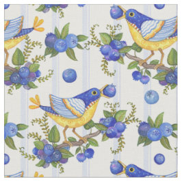 GEWEBE-WUNDERLICHER VOGEL U. BLAUBEERstreifen-BLAU Stoff