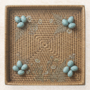 Gewebter Rattan & Blaue Vogeleier Quadratischer Gl Glasuntersetzer