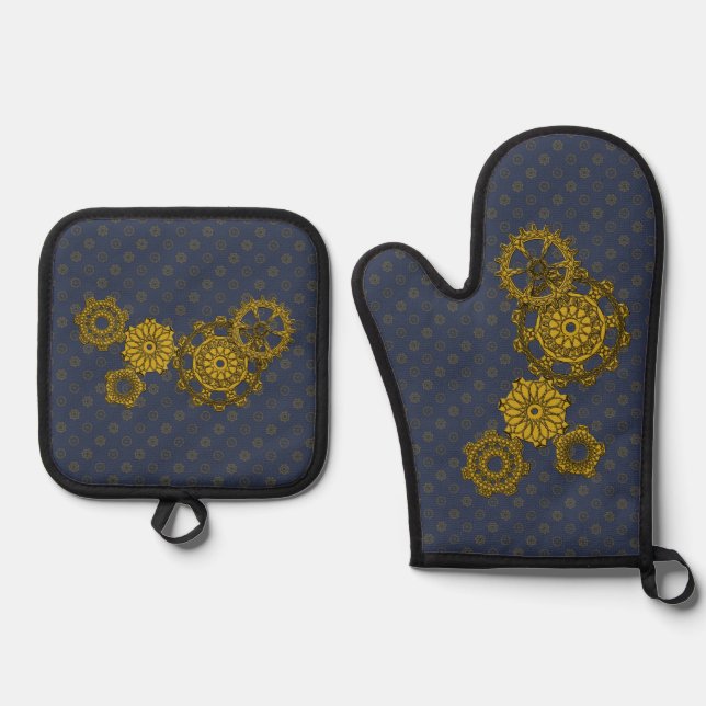 Gewebtes Uhrwerk Ofenhandschuh & Topflappen-Set (Vorderseite)