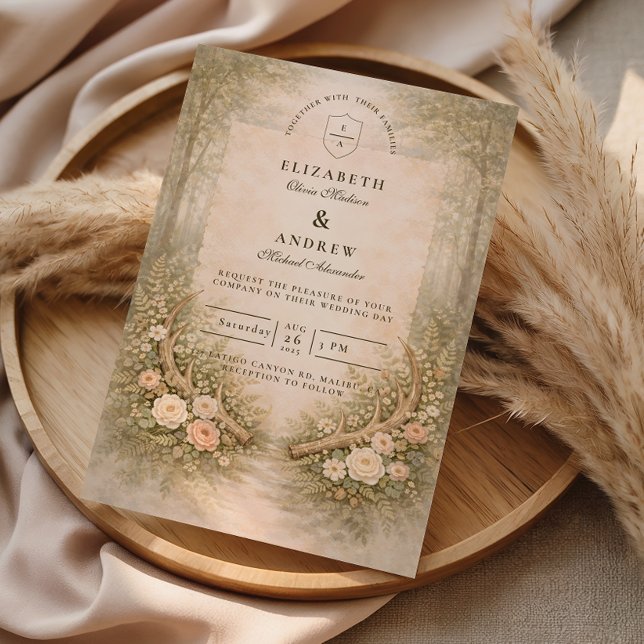 Geweih Blumen Hochzeit im Wald Einladung (Von Creator hochgeladen)