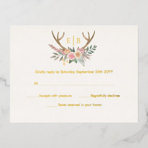Geweih Blumenhirsch Rosa Blumen RSVP Echtes Gold Folie Einladungspostkarte