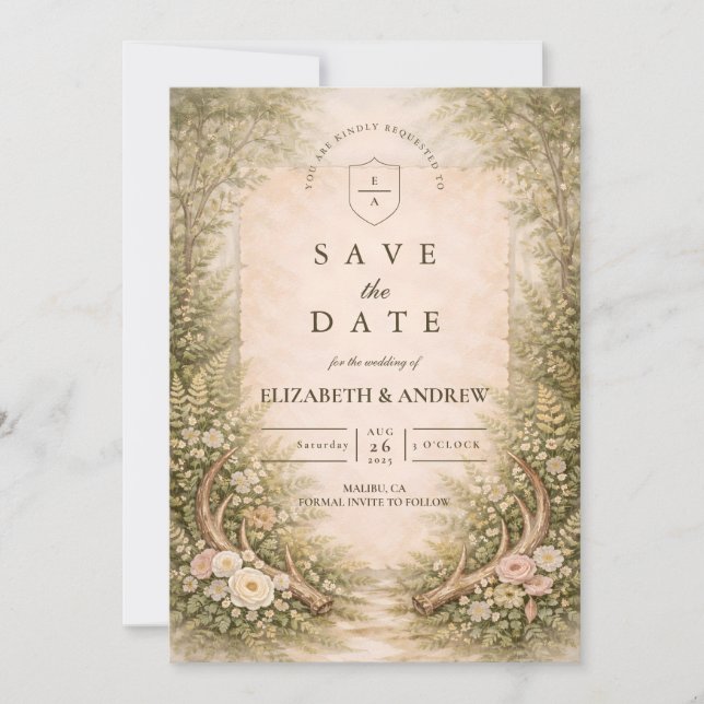 Geweih-Wald-Romantik-Hochzeit Save The Date (Vorderseite)