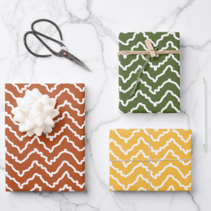 Gewelltes weißes Chevron auf Terrakotta-Grün-Gelb Geschenkpapier Set