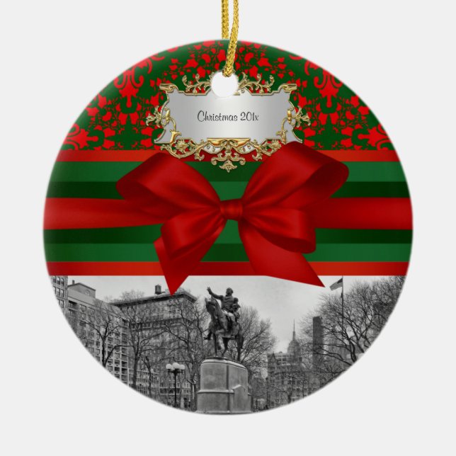 Gewerkschaft Square Park Winter NYC Xmas Damask #2 Keramik Ornament (Vorne)