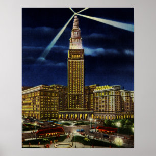 Gewerkschafts-Terminalturm Clevelands Ohio nachts Poster