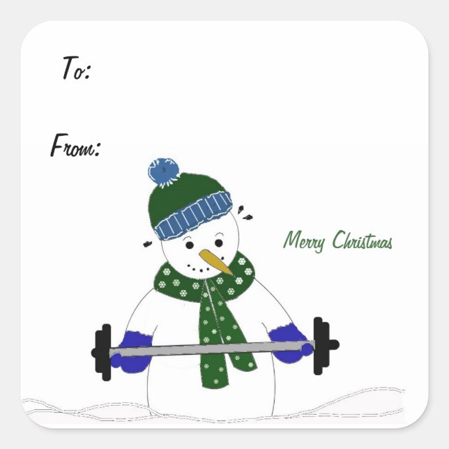 Gewicht Lifting Snowman Quadratischer Aufkleber (Vorderseite)