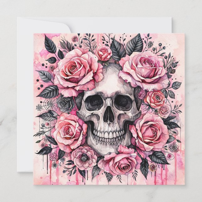 Gewinnen des Schädels und rosa Rosen gotisch Einladung (Vorderseite)