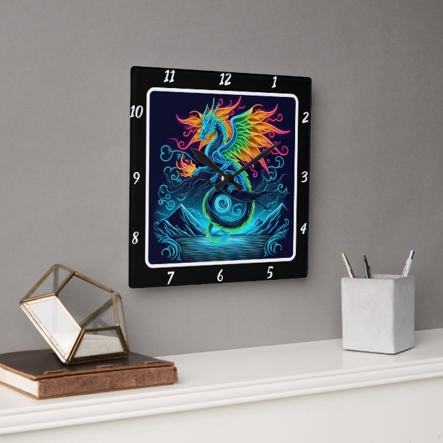Gewitter Neon Dragon Surge Quadratische Wanduhr (Büro)