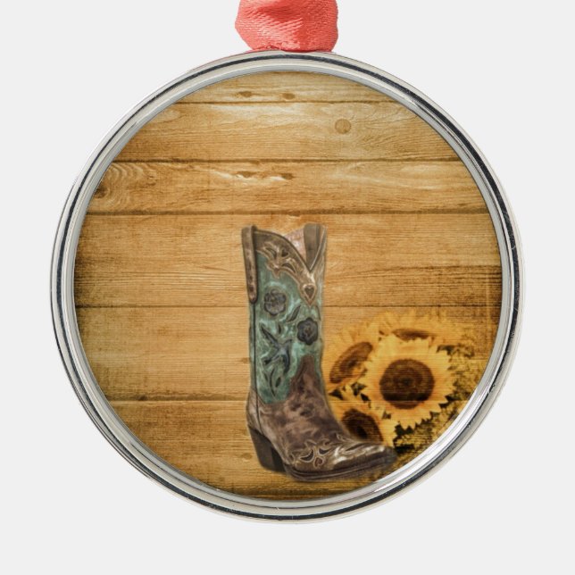 Gewitterter Western Country Sonnenblume Cowboy Sti Silbernes Ornament (Vorne)