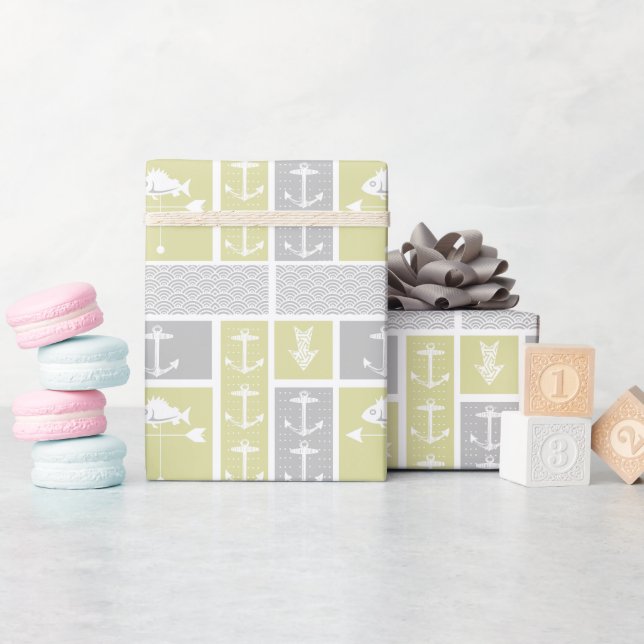 Gewitterungswelle für nautisches Gelb und graue An Geschenkpapier (Babyparty)