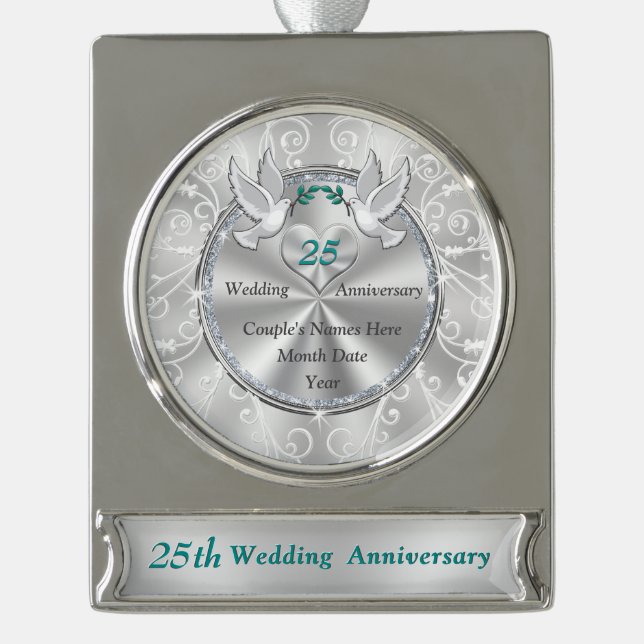 Gewohnheits-25. Hochzeitstag-Weihnachtsverzierung Banner-Ornament Silber (Vorderseite)