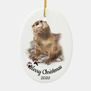 Gewohnheits-datierter Weihnachtswatercolor-Otter Keramikornament