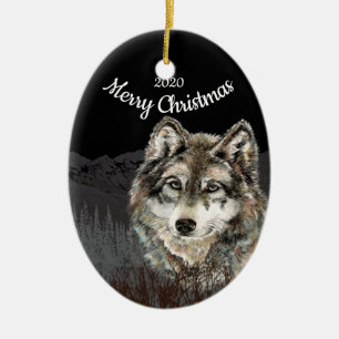 Gewohnheits-datierter Weihnachtswolf-Berg Keramik Ornament