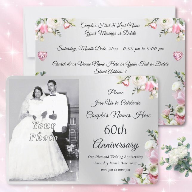Gewohnte, 60. Hochzeitstag-Party Einladungen (Photo, 60th anniversary invitations online. Personalized, Diamond anniversary invitations. Silver.)