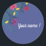 Gewohnter, eleganter, blauer Name Runder Aufkleber<br><div class="desc">Custom name blue floral and elegant simple name sticker with colors and flowers for women, girls, brides, mothers Minimalist floral design for packaging, gift, name tag , firstname tag. Personalize with name firstname message this blue floral sticker. Gift idea for teachers, women or small business sticker for packaging.</div>
