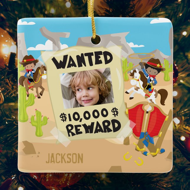 Gewollt Cowboy mit Foto und Name, Junge Weihnachte Keramikornament (Von Creator hochgeladen)