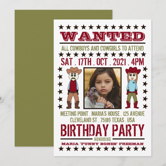 Gewollt Poster, Cartoon Western Geburtstag Einladung (Vorne/Hinten)