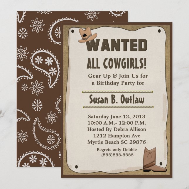 Gewollt Poster Cowgirl/Cowboy Geburtstag Einladung (Vorne/Hinten)