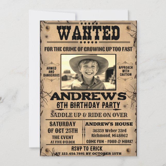 Gewollt Poster Western Cowboy mit Foto Geburtstag Einladung (Vorderseite)