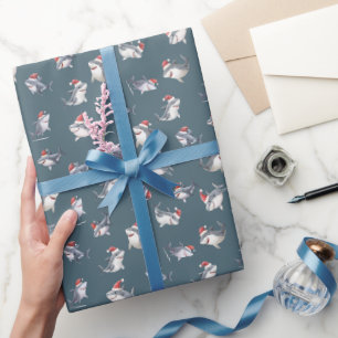 Geworfene Weihnachtshai auf Grau-Blau Geschenkpapier