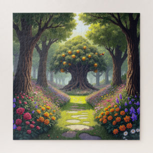 Gewundener Pfad durch eine Blumenwiese zum Orangen