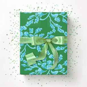 Gewundener Pfingstrosen-Holzschnitt in Grün und Aq Geschenkpapier