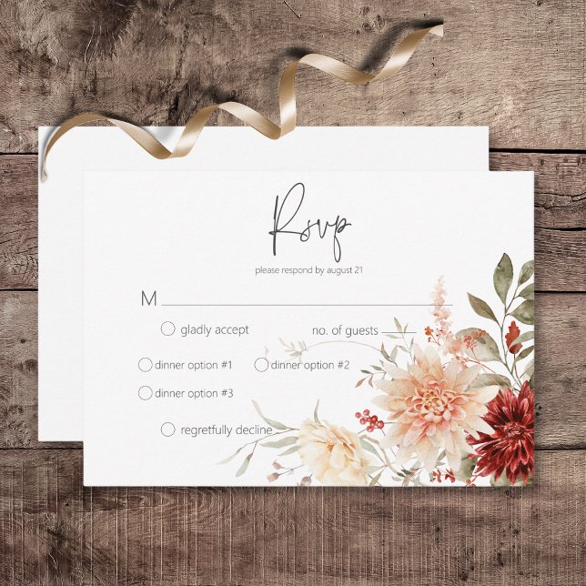 Gewürzfall Rost & Blush Boho Abendessen mit floral RSVP Karte (Spicy Fall Rust & Blush Boho Floral Wedding Response Card with Dinner Options)