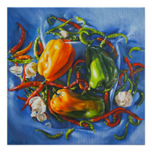 Gewürzstillleben mit Paprikaschoten und Knoblauch Poster