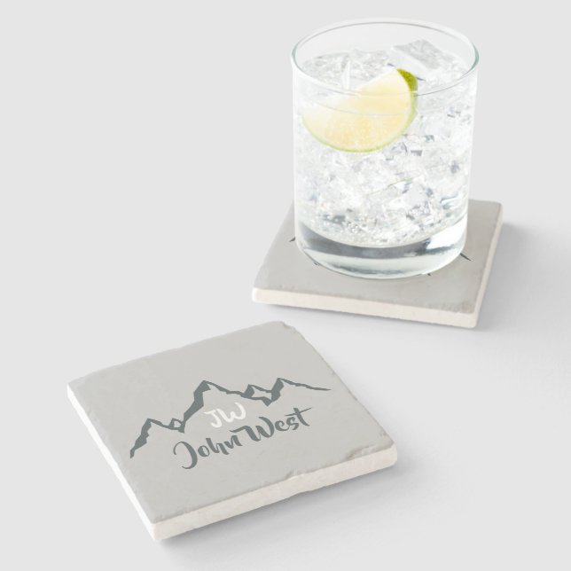 Gezeichnet Bergkette personalisierbare Monogramm Steinuntersetzer (Seitenansicht)