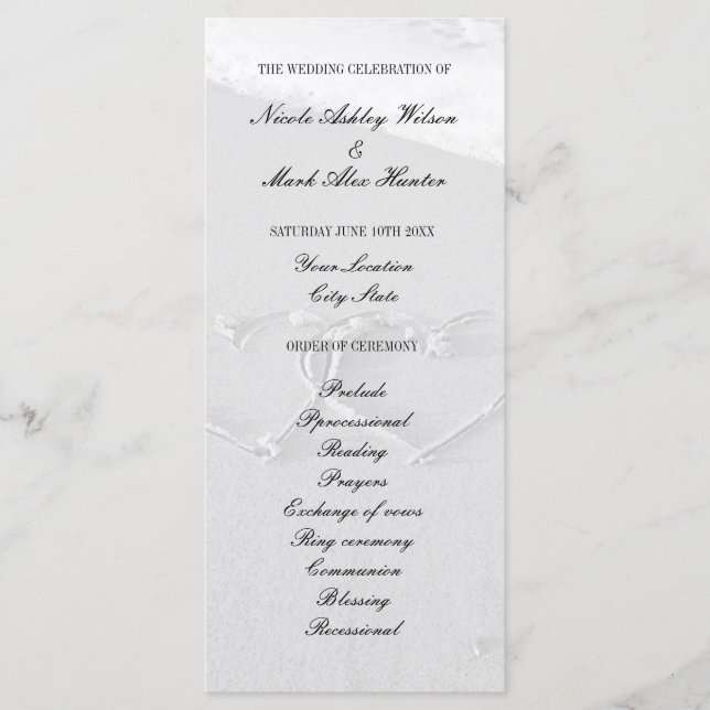 Gezeichnet Herz am Strand und Hochzeitsfeier Programm (Vorderseite)