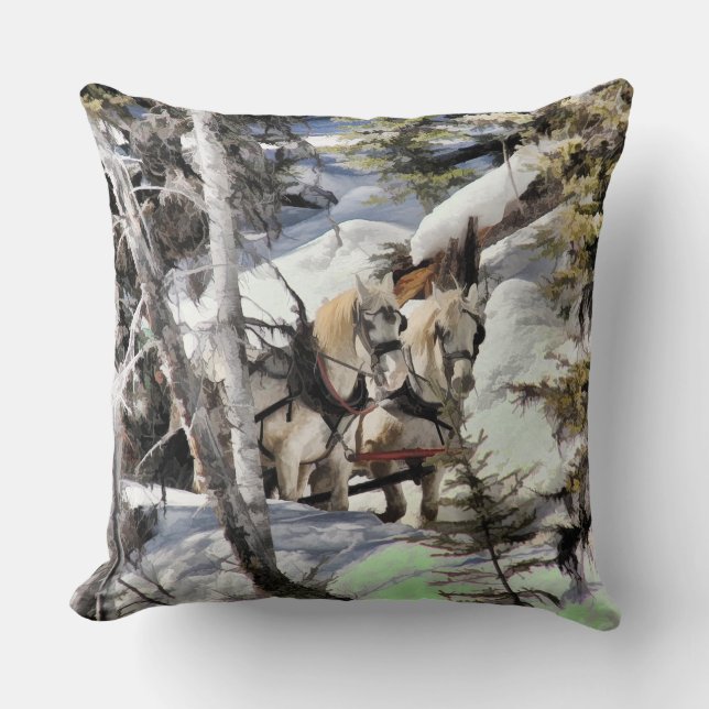 Gezeichnet Pferd Wintery Sleigh Reiten Kissen (Vorderseite)