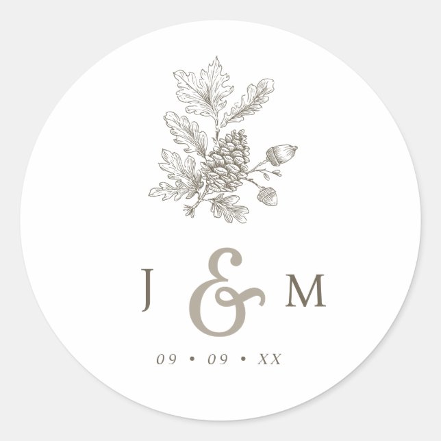 Gezeichnet Pinecone & Acorns Monogram-Hochzeit im  Runder Aufkleber (Vorderseite)