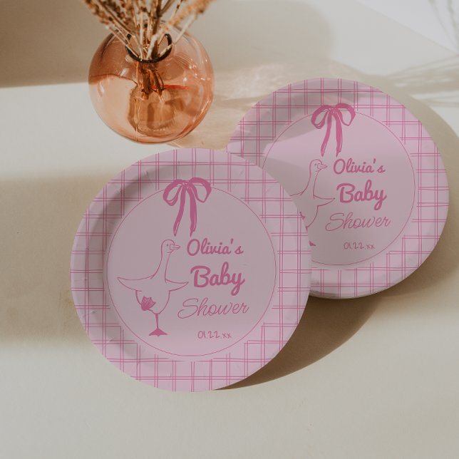 Gezeichnet Pink Albern Gänse Ribbon Baby Dusche Pappteller (Von Creator hochgeladen)