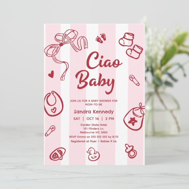Gezeichnet Red Pink Baby Items Ciao Baby Dusche Einladung (Stehend Vorderseite)