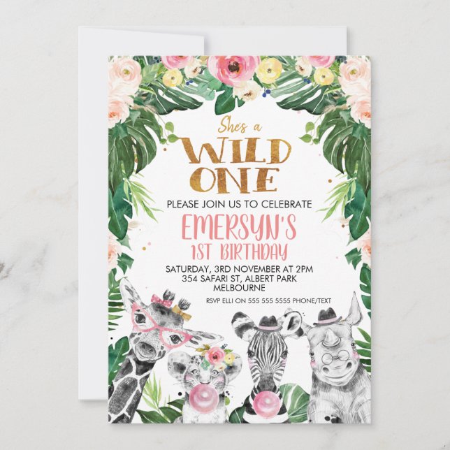 Gezeichnet Safari Animals Floral Wild Einen Geburt Einladung (Vorderseite)