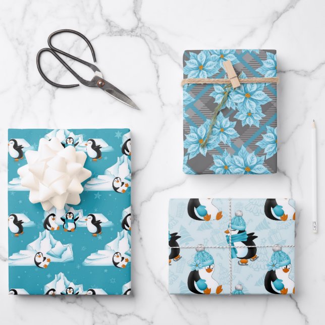 Gezinkte Pinguine Weihnachtsblumenmuster Geschenkpapier Set (Vorderseite)