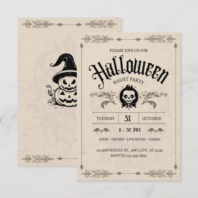 Gezinkter Bash: Ein Vintages Halloween-Spektakel Einladung (Vorne/Hinten)