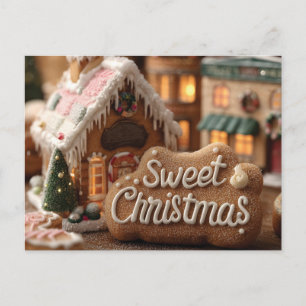 Gezuckertes Lebkuchenhaus und "Süßes Weihnachten" Postkarte