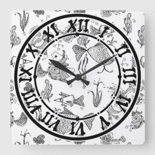 Gezzeichnete Feen-Fantasy-Fische Kriechtiere Pflan Quadratische Wanduhr