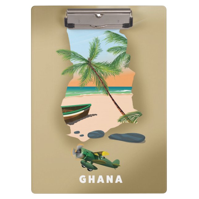 Ghana kartografiert illustriertes Reiseplakat. Klemmbrett (Vorderseite)