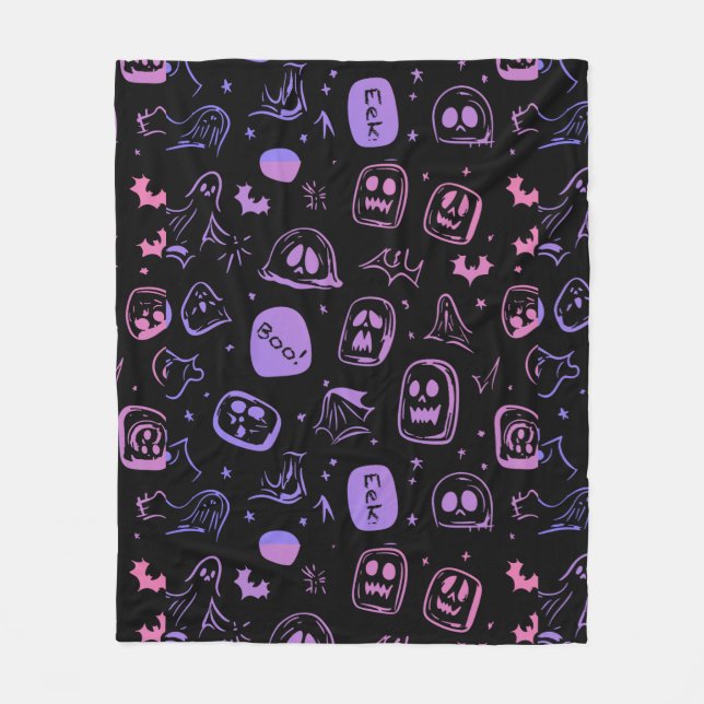 Ghoful Bats & Eerie Faces Halloween Black Fleecedecke (Vorderseite)