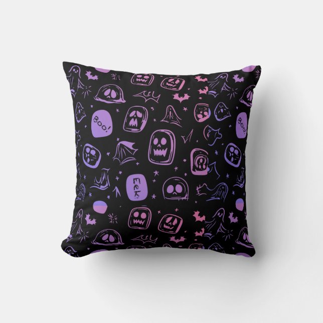 Ghoful Bats & Eerie Faces Halloween Schwarze Dekor Kissen (Vorderseite)